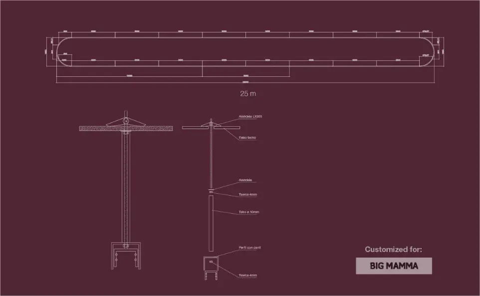 Plano técnico de luminaria personalizada por Luxes para el proyecto de iluminación del restaurante Circo Popolare.
