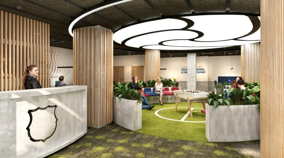 Zona colaborativa del FC Barcelona con iluminación LED arquitectónica y diseño moderno por Luxes.