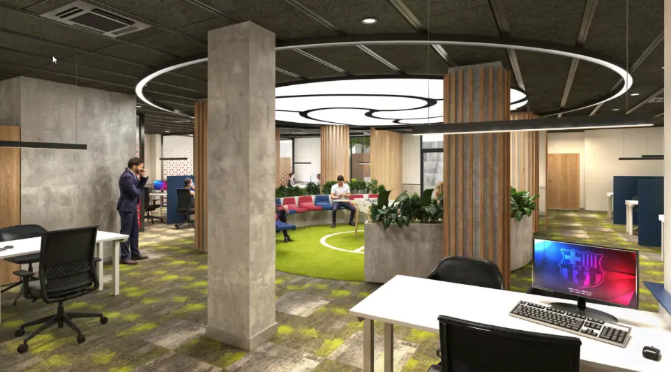 Zona colaborativa del FC Barcelona con iluminación LED arquitectónica y diseño moderno por Luxes.
