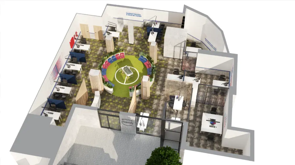 Zona colaborativa del FC Barcelona con iluminación LED arquitectónica y diseño moderno por Luxes.