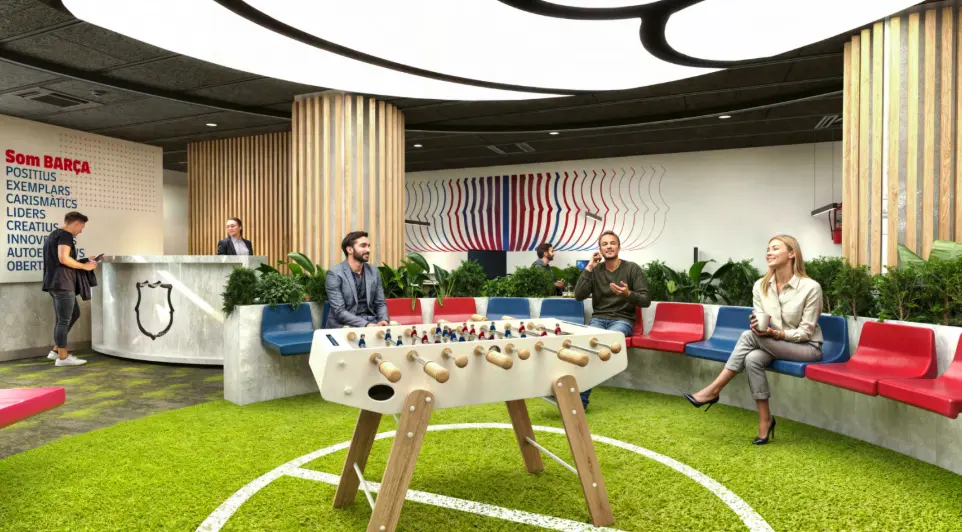 Zona colaborativa del FC Barcelona con iluminación LED arquitectónica y diseño moderno por Luxes.