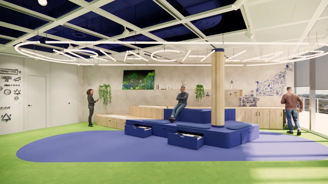 Iluminación LED lineal suspendida en oficinas UriachLab, diseño lumínico de Luxes.